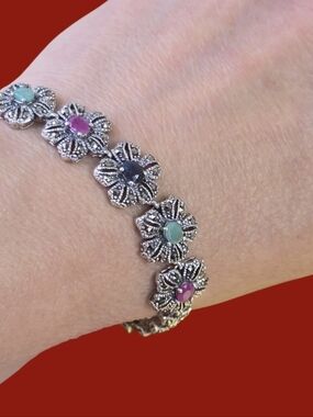 Natural Oval Emerald 5x4mm Ruby Sapphire‎ Marcasite 925 Sterling Silver Bracelet
